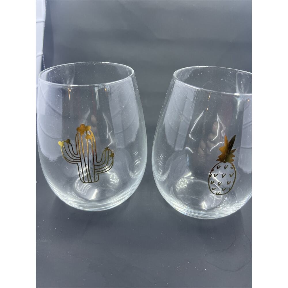 Stemless Wine Glass 16 oz Gold lettering,Cactus & Pineapple, Retail $24